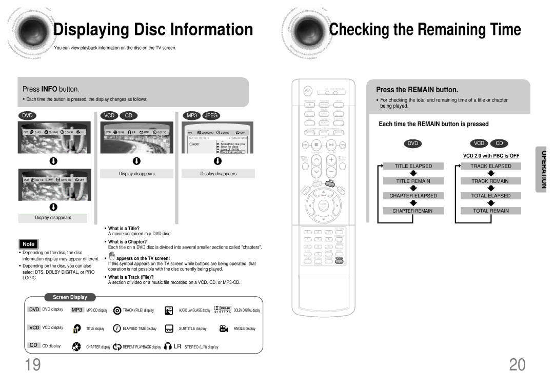 Samsung HT-DB1750, HT-DB750, HT-DB1850 Displaying Disc Information, Press Info button, Press the Remain button 