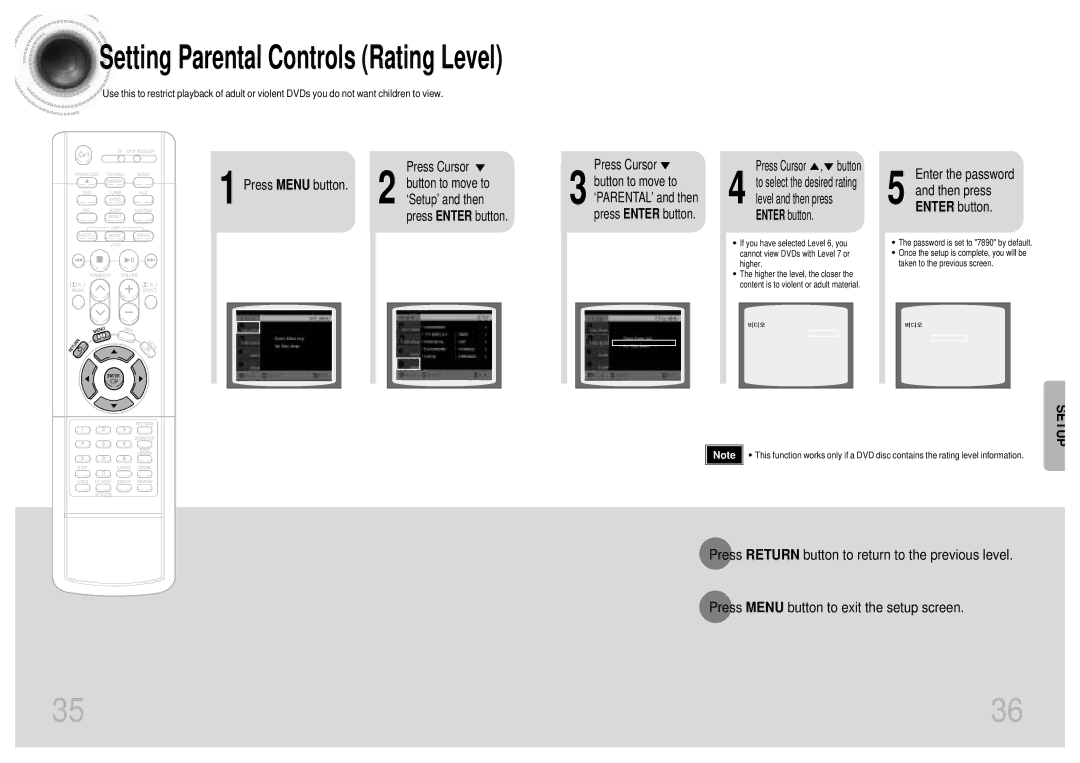 Samsung HT-DB1850, HT-DB750, HT-DB1750 Setting Parental Controls Rating Level, Enter the password Then press Enter button 