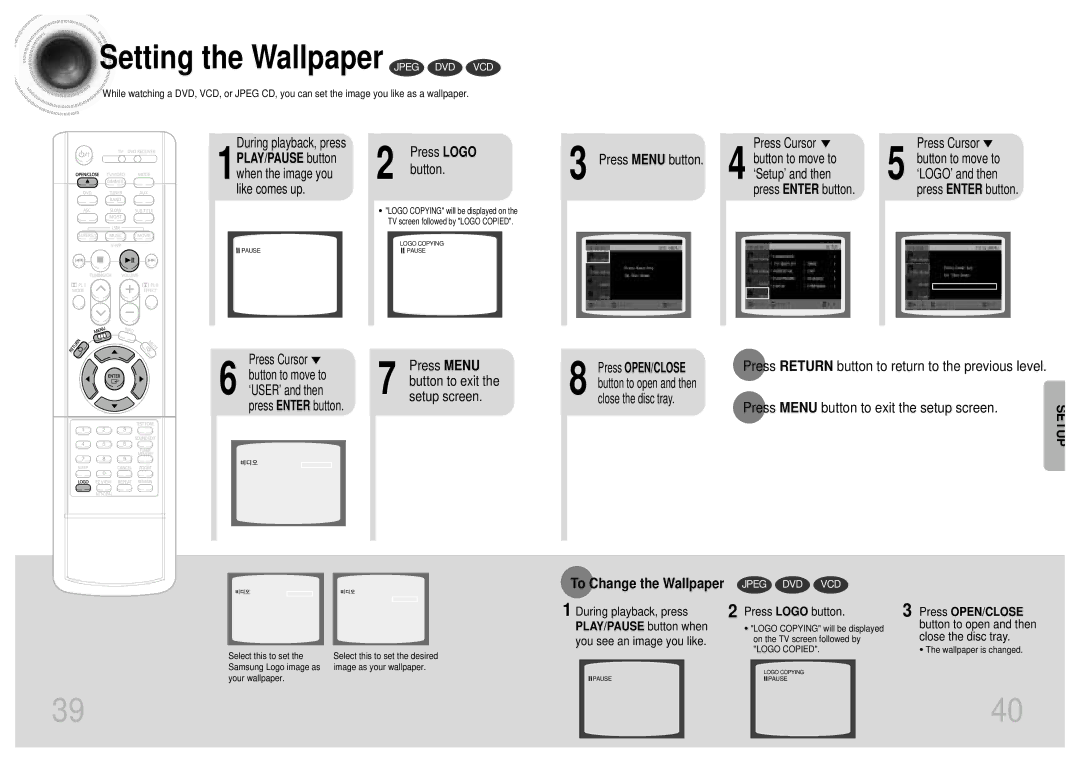 Samsung HT-DB750 Setting the Wallpaper Jpeg DVD VCD, Press Return button to return to the previous level, Press OPEN/CLOSE 