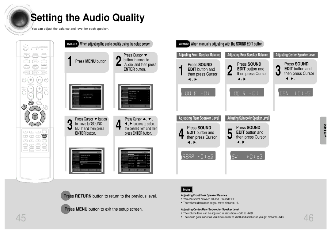 Samsung HT-DB750 Setting the Audio Quality, Press Sound Edit button and then press Cursor, ‘Audio’ and then press 