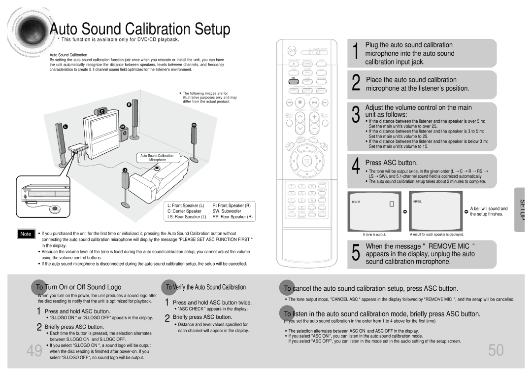 Samsung HT-DB1750, HT-DB750, HT-DB1850 instruction manual Auto Sound Calibration Setup, Press ASC button, Plug 