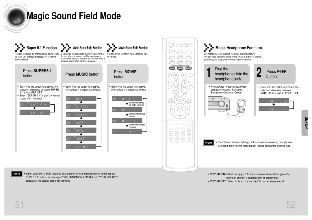 Samsung HT-DB750, HT-DB1850, HT-DB1750 instruction manual Magic Sound Field Mode, Magic Headphone Function, Press SUPER5.1 