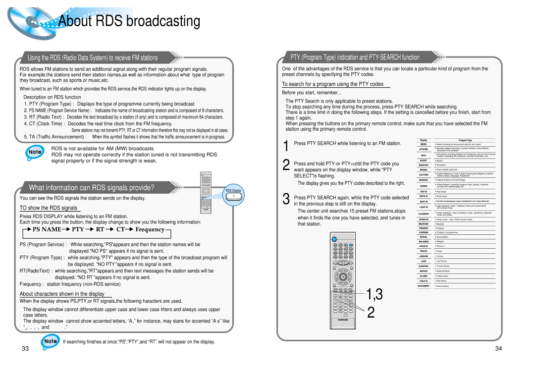 Samsung HT-DL100 What information can RDS signals provide?, To show the RDS signals, About characters shown in the display 