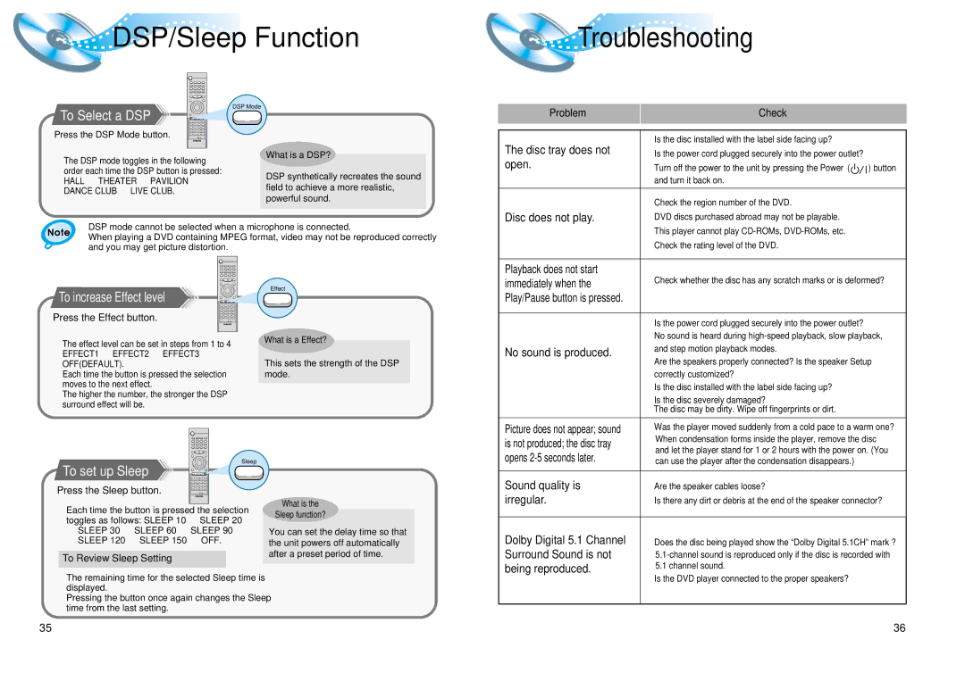 Samsung HT-DL100 instruction manual Troubleshooting, To Select a DSP, To set up Sleep 