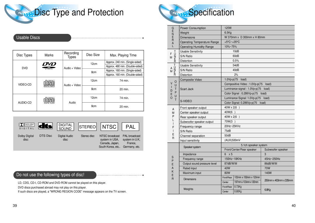 Samsung HT-DL100 instruction manual Specification, Usable Discs, Do not use the following types of disc, Disc Size 