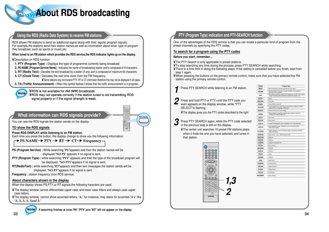 Samsung HT-DL100 About RDS broadcasting, What information can RDS signals provide?, TO show the RDS signals 