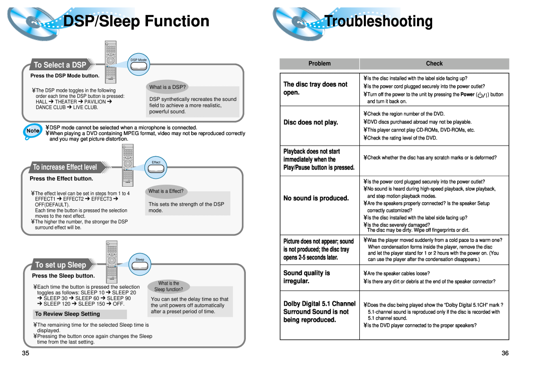 Samsung HT-DL100 Troubleshooting, To Select a DSP, To set up Sleep, To increase Effect level, DSP/Sleep Function 