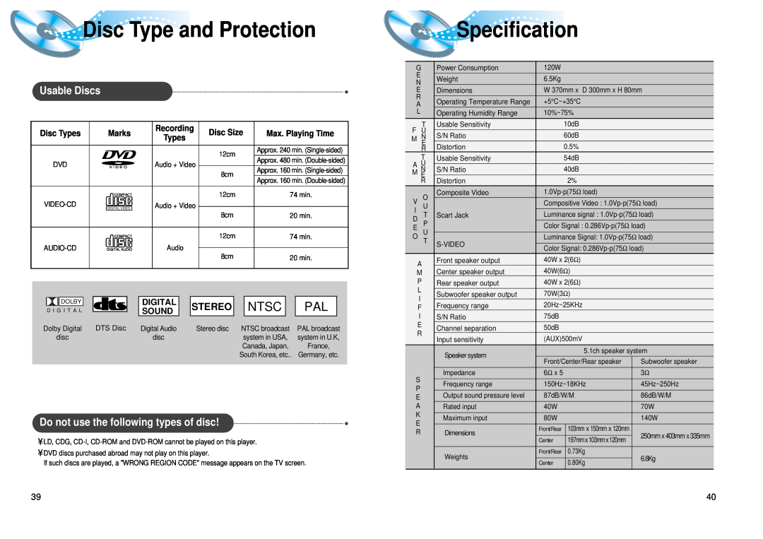 Samsung HT-DL100 Specification, Disc Type andProtection, Usable Discs, Stereo, Do not use the following types of disc 