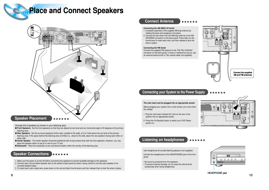 Samsung HT-DL100 instruction manual Place and Connect Speakers, Connect Antenna, Speaker Placement, Speaker Connections 