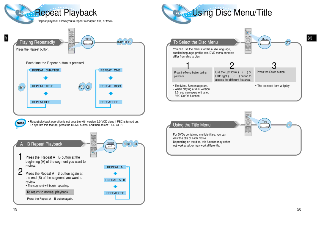 Samsung HT-DL105 instruction manual Repeat Playback, Using Disc Menu/Title 