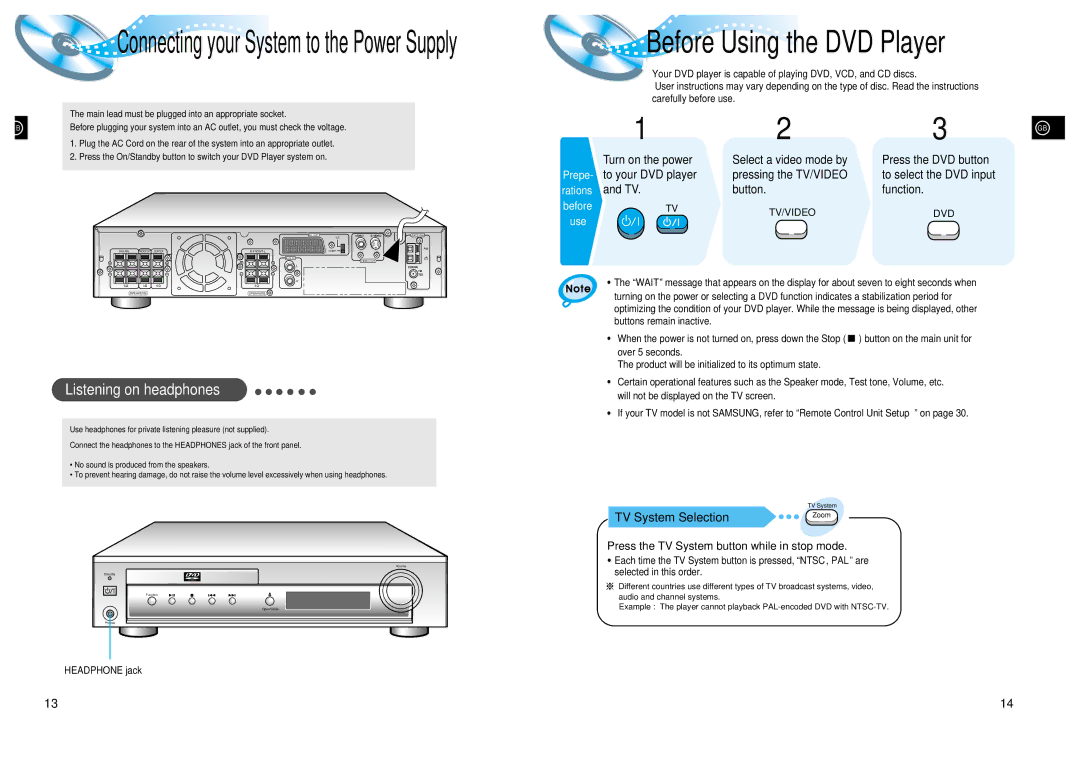 Samsung HT-DL105 instruction manual Listening on headphones, Button Function, Press the TV System button while in stop mode 