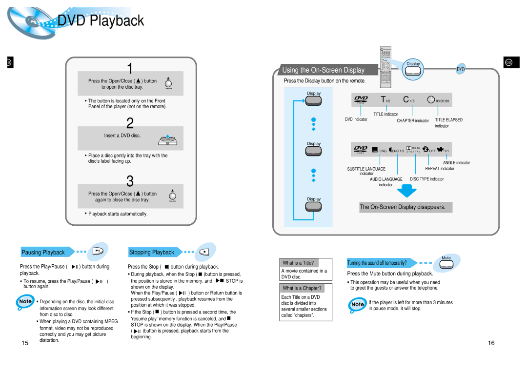 Samsung HT-DL105 DVD Playback, Using the On-Screen Display, On-Screen Display disappears, Pausing Playback 