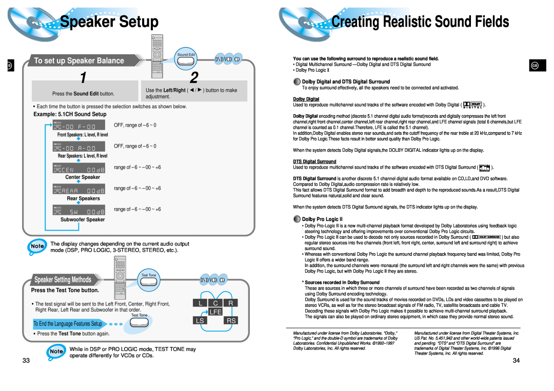 Samsung HT-DL105 Creating Realistic Sound Fields, To set up Speaker Balance, Speaker Setup, L C R Lfe Ls Rs 