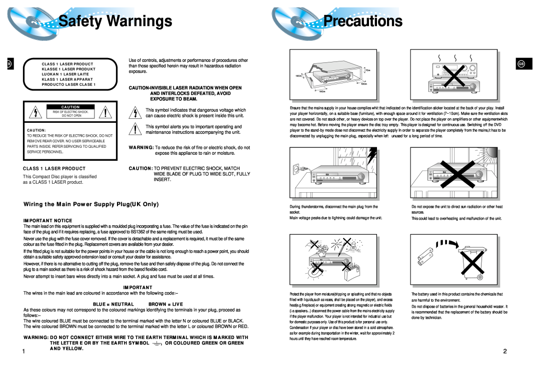 Samsung HT-DL105 Safety Warnings, Precautions, Wiring the Main Power Supply PlugUK Only, CLASS 1 LASER PRODUCT 
