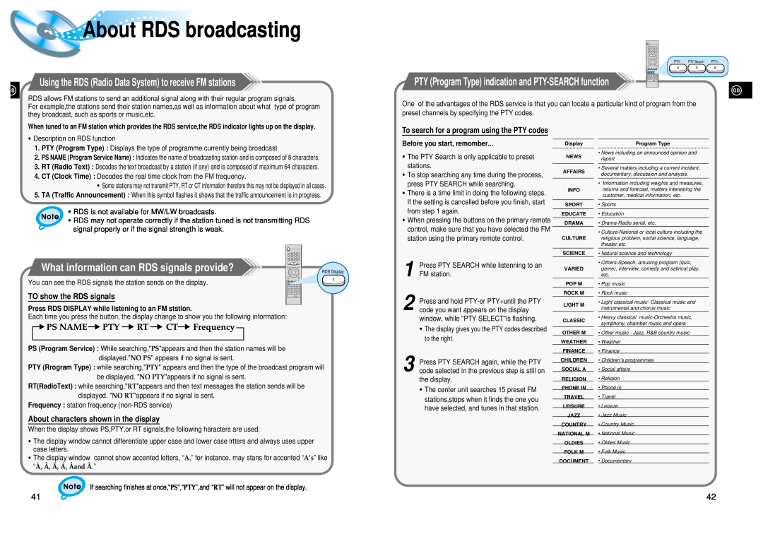 Samsung HT-DL105 About RDS broadcasting, What information can RDS signals provide?, TO show the RDS signals 