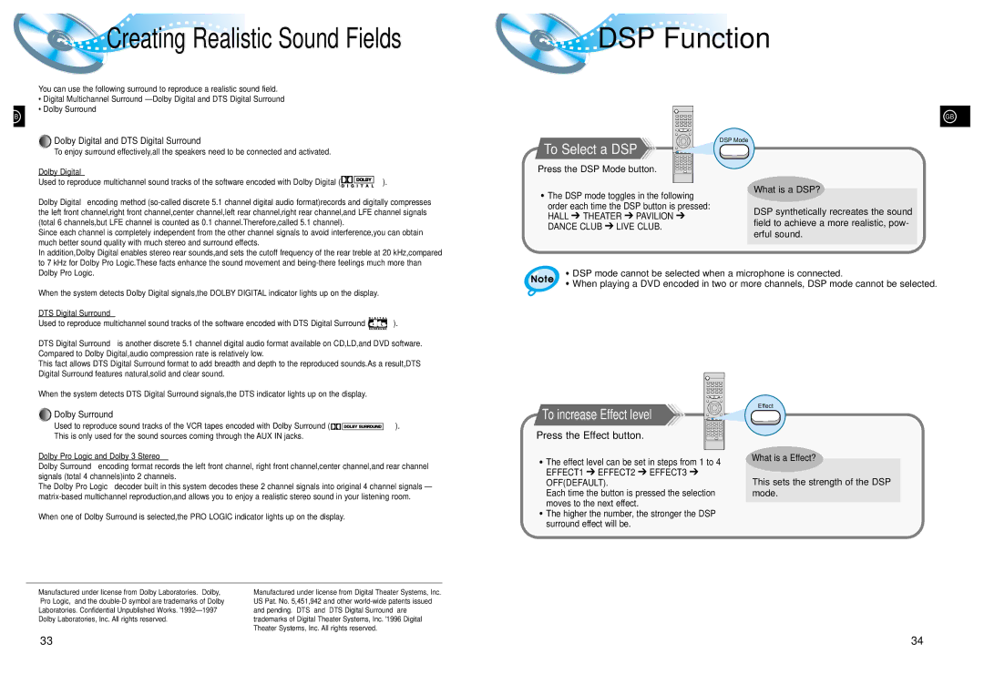 Samsung HT-DL200, HTDL200RH/EDC manual DSP Function, To Select a DSP, Press the Effect button, Press the DSP Mode button 