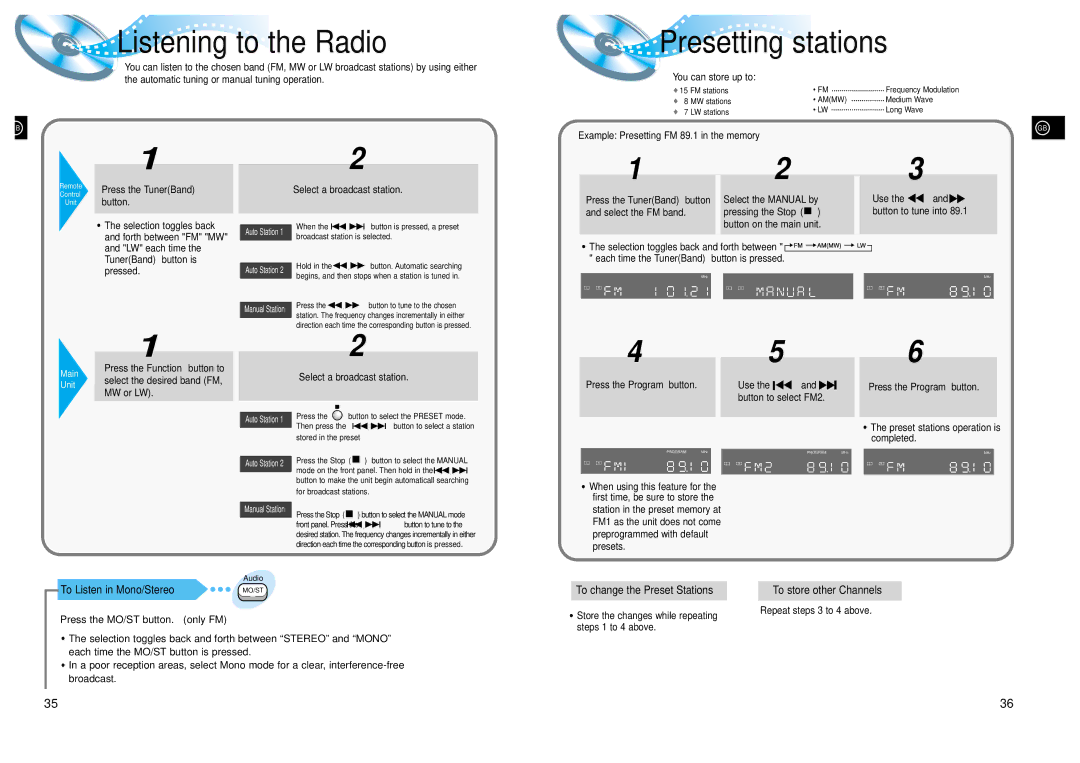 Samsung HTDL200RH/EDC Listening to the Radio, Presetting stations, To change the Preset StationsTo store other Channels 