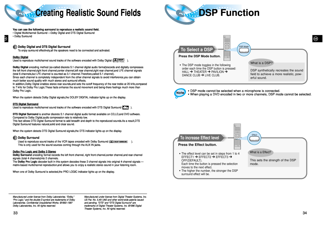 Samsung HT-DL200 DSP Function, To Select a DSP, To increase Effect level, Creating Realistic Sound Fields, What is a DSP? 