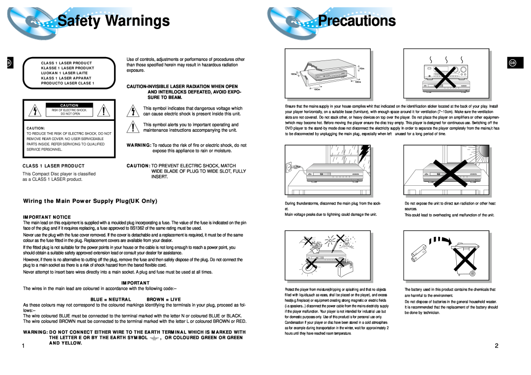 Samsung HTDL200RH/ELS manual Safety Warnings, Precautions, Wiring the Main Power Supply PlugUK Only, CLASS 1 LASER PRODUCT 
