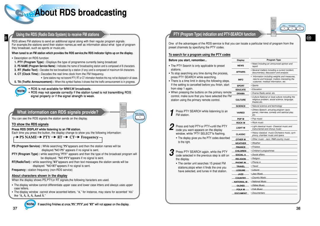 Samsung HTDL200RH/ELS, HT-DL200 About RDS broadcasting, What information can RDS signals provide?, TO show the RDS signals 