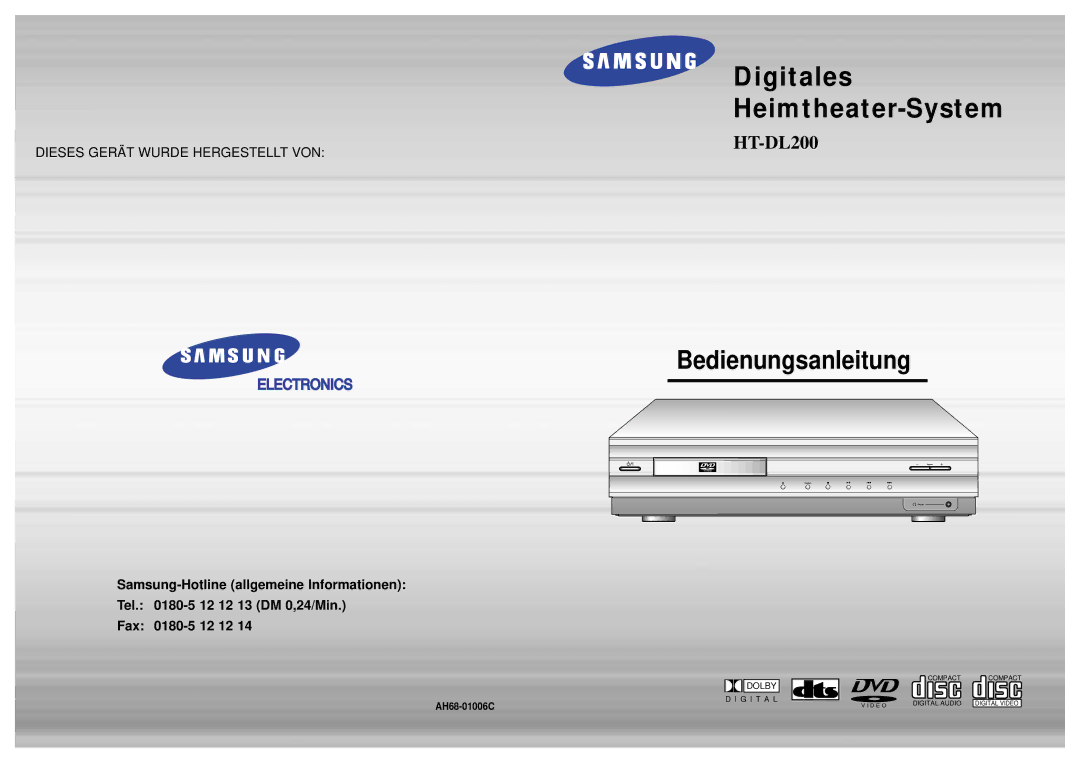 Samsung HTDL200RH/EDC, HT-DL200, HTDL200RH/ELS manual Digitales Heimtheater-System, AH68-01006C 