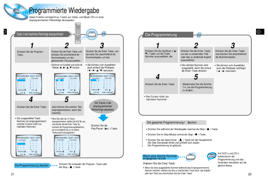 Samsung HT-DL200 manual Die Programmierung, Die gesamte Programmierung lö schen, Wenn eine falsche Nummer, Eingegeben wurde 