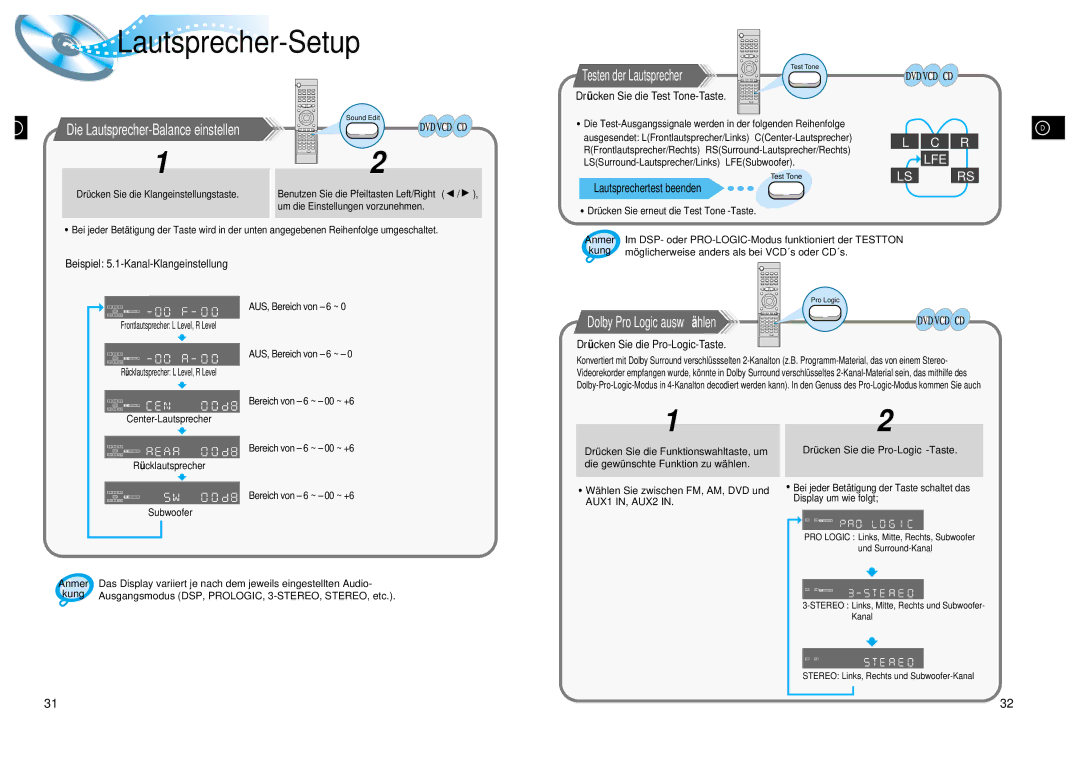 Samsung HTDL200RH/ELS, HT-DL200, HTDL200RH/EDC manual Drü cken Sie die Test Tone-Taste, Die Lautsprecher-Balance einstellen 