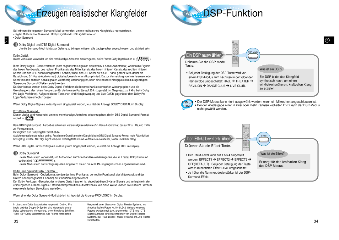 Samsung HT-DL200, HTDL200RH/EDC DSP-Funktion, Ein DSP auswä hlen, Den Effekt-Level erhö hen, Drü cken Sie die Effect-Taste 