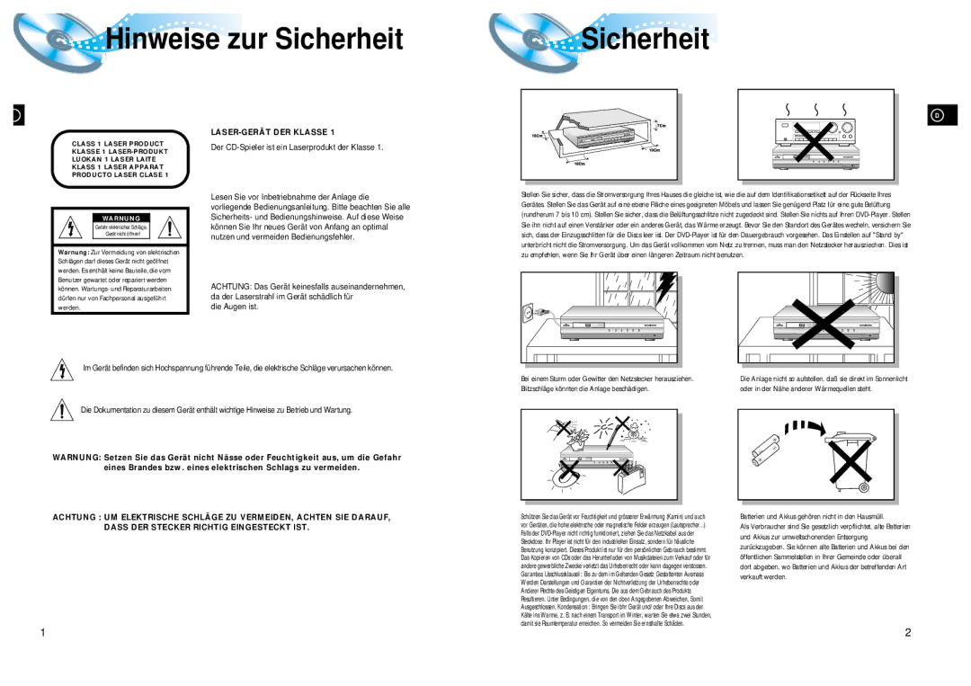 Samsung HTDL200RH/ELS, HT-DL200, HTDL200RH/EDC manual Hinweise zur Sicherheit, Die Augen ist 