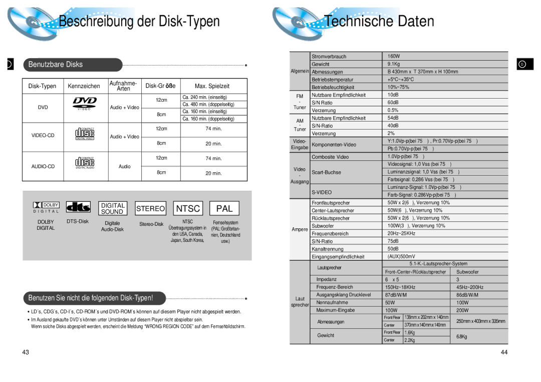 Samsung HTDL200RH/ELS manual Technische Daten, Benutzbare Disks, Benutzen Sie nicht die folgenden Disk-Typen, Disk-Größ e 