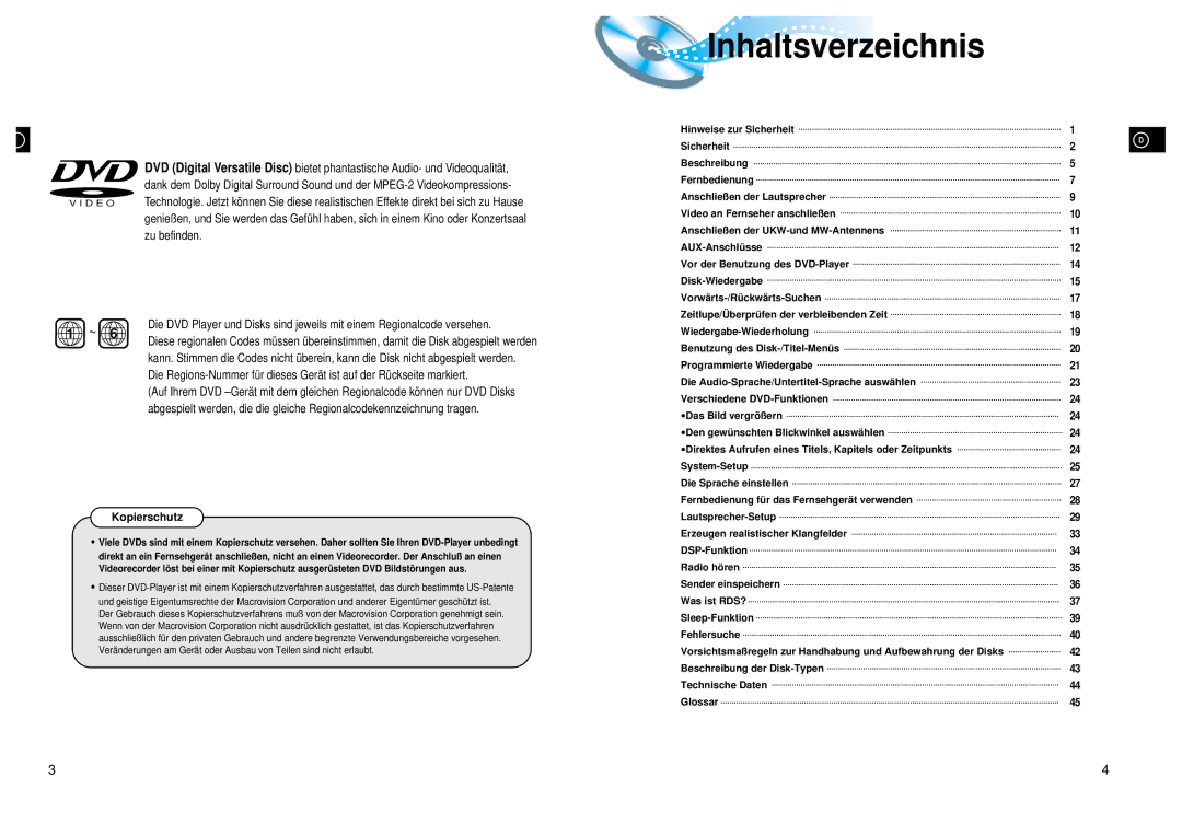 Samsung HT-DL200, HTDL200RH/EDC, HTDL200RH/ELS manual Inhaltsverzeichnis, Kopierschutz 