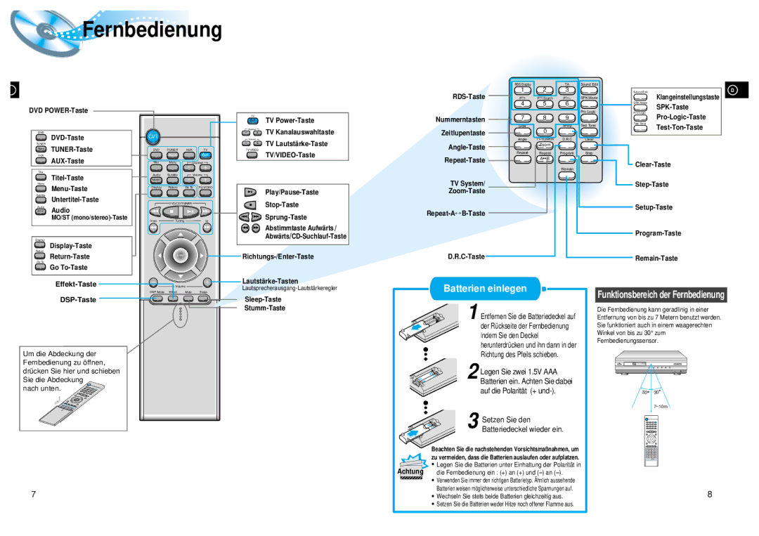 Samsung HTDL200RH/ELS, HT-DL200 manual Batterien einlegen, Effekt-Taste, DSP-Taste, Funktionsbereich der Fernbedienung 