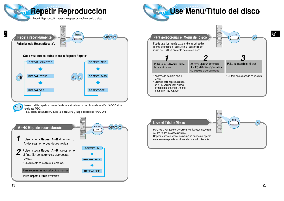 Samsung HTDL200RH/EDC Repetir Reproducció n, Use Menú /Título del disco, Use el Título Menú ↔ B Repetir reproducció n 