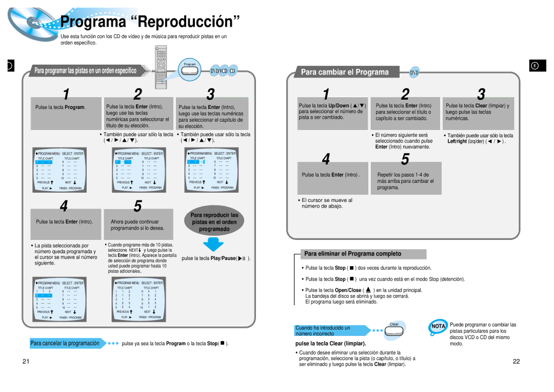 Samsung HT-DL200, HTDL200RH/EDC manual Programa Reproducció n, Para cambiar el Programa, Para eliminar el Programa completo 