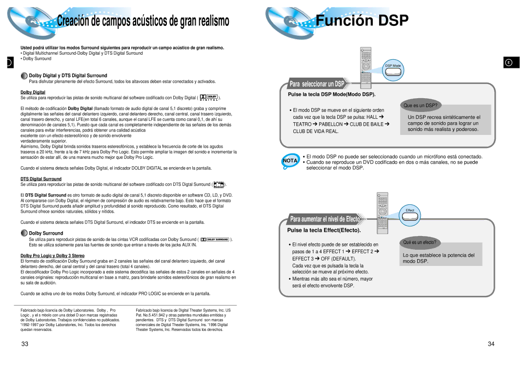 Samsung HT-DL200 manual Funció n DSP, Pulse la tecla EffectEfecto, Pulse la tecla DSP ModeModo DSP, Para seleccionar un DSP 