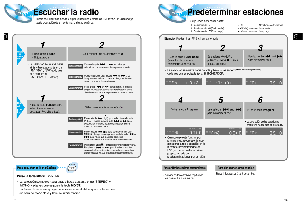 Samsung HTDL200RH/EDC Escuchar la radio, Predeterminar estaciones, Pulse la tecla MO/ST sólo FM, Seleccionar la banda 