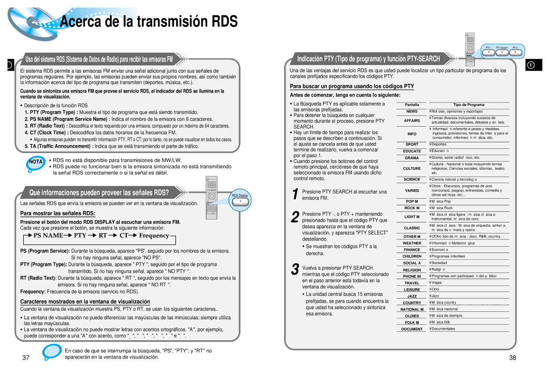 Samsung HT-DL200, HTDL200RH/EDC manual Para buscar un programa usando los có digos PTY, Para mostrar las señ ales RDS 