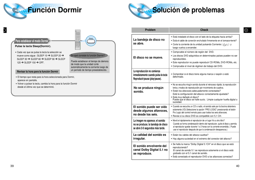 Samsung HTDL200RH/EDC, HT-DL200 manual Funció n Dormir, Solució n de problemas 