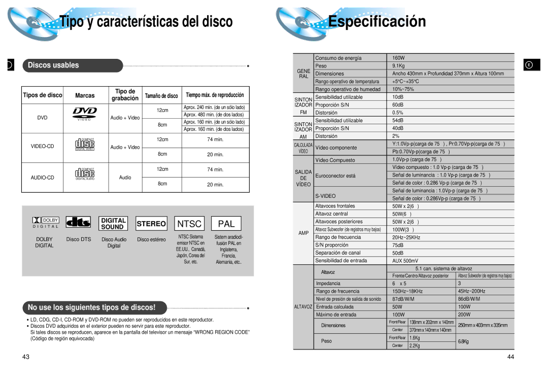 Samsung HTDL200RH/EDC, HT-DL200 manual Especificació n, Discos usables, No use los siguientes tipos de discos, Grabació n 