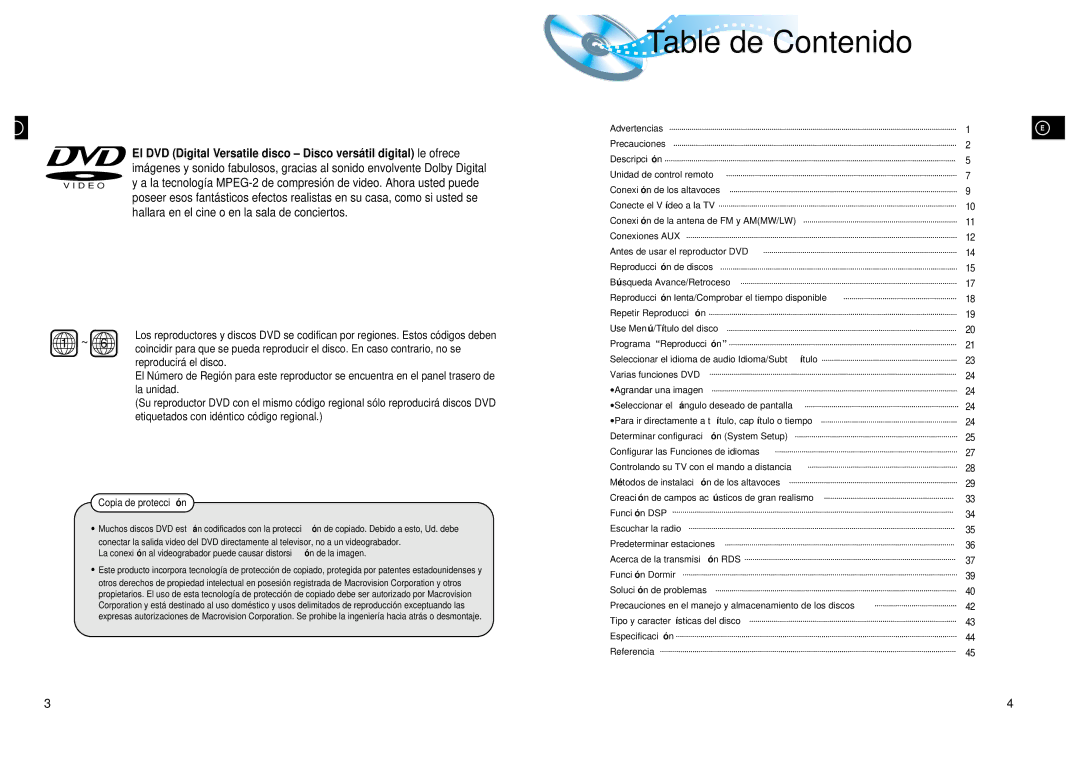 Samsung HTDL200RH/EDC, HT-DL200 manual Table de Contenido, Copia de protecció n 