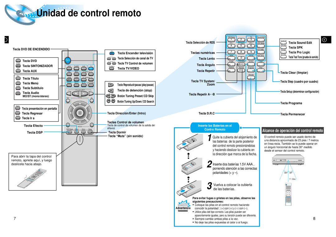 Samsung HTDL200RH/EDC manual Unidad de control remoto, Tecla Efecto, Tecla DSP, Inserte las Baterias en el Contro Remoto 