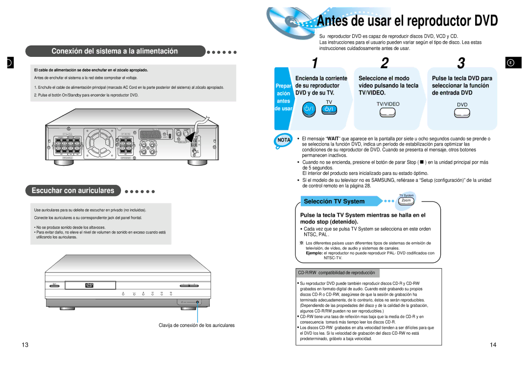 Samsung HT-DL200, HTDL200RH/EDC manual Conexió n del sistema a la alimentació n, Escuchar con auriculares, De entrada DVD 