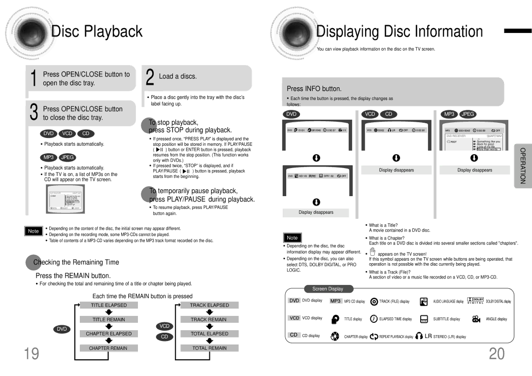 Samsung HTDM150RH, HT-DM150 Disc Playback, Load a discs, To stop playback Press Stop during playback, Press Info button 