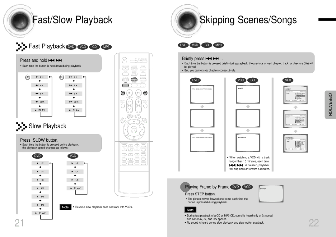 Samsung HT-DM150, HTDM150RH/ELS, HTDM150RH/EDC manual Fast/Slow Playback, Skipping Scenes/Songs 