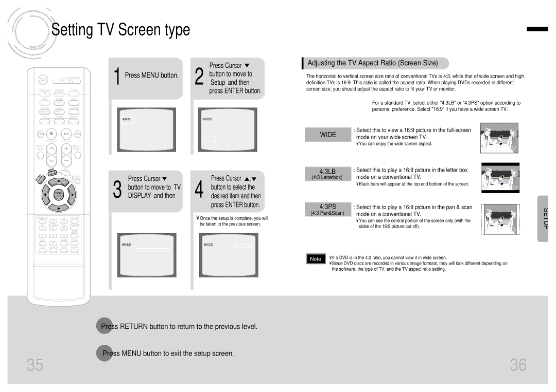 Samsung HTDM150RH/EDC, HT-DM150, HTDM150RH/ELS Adjusting the TV Aspect Ratio Screen Size, Press Menu button, 43LB, 43PS 