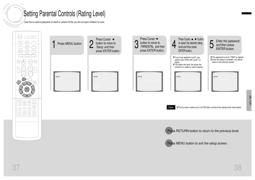 Samsung HT-DM150, HTDM150RH manual Setting Parental Controls Rating Level, Enter the password Then press Enter button 