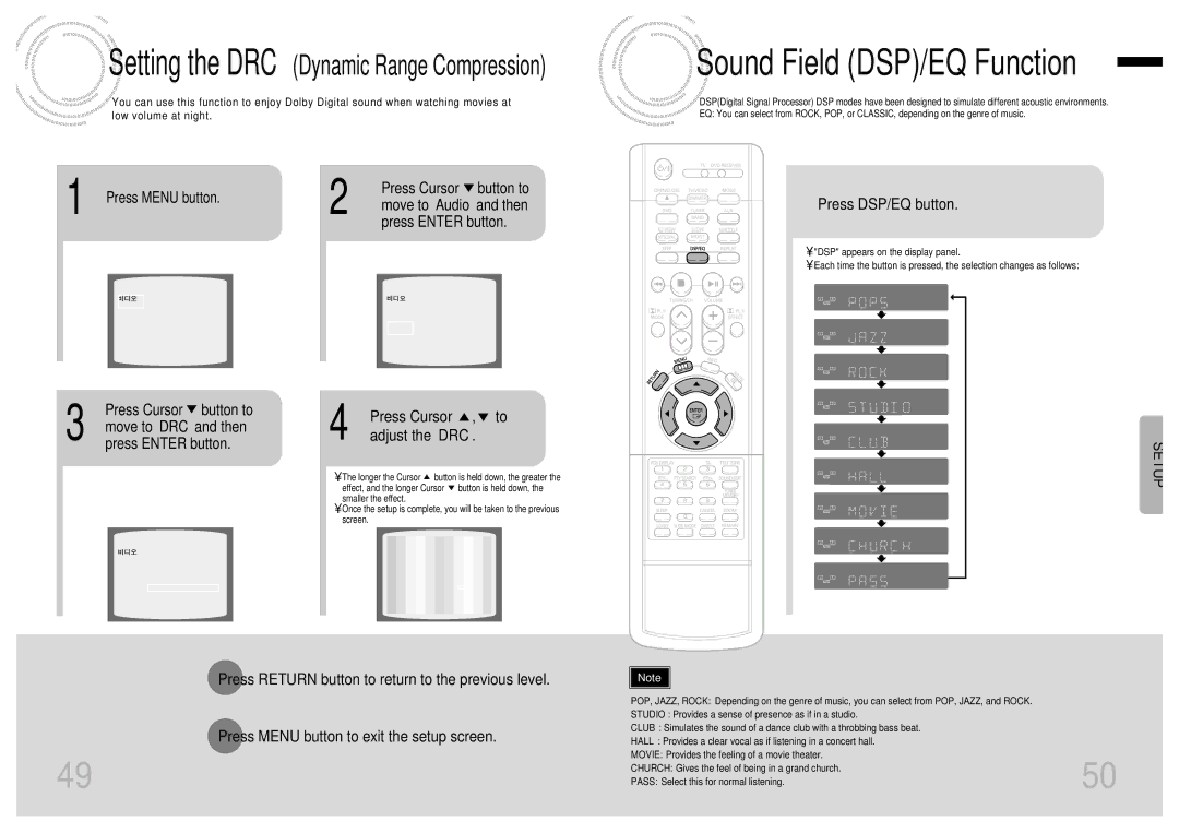 Samsung HTDM150RH manual Press Cursor button to, Press DSP/EQ button, Move to ‘DRC’ and then, Press Cursor Adjust the ‘DRC’ 