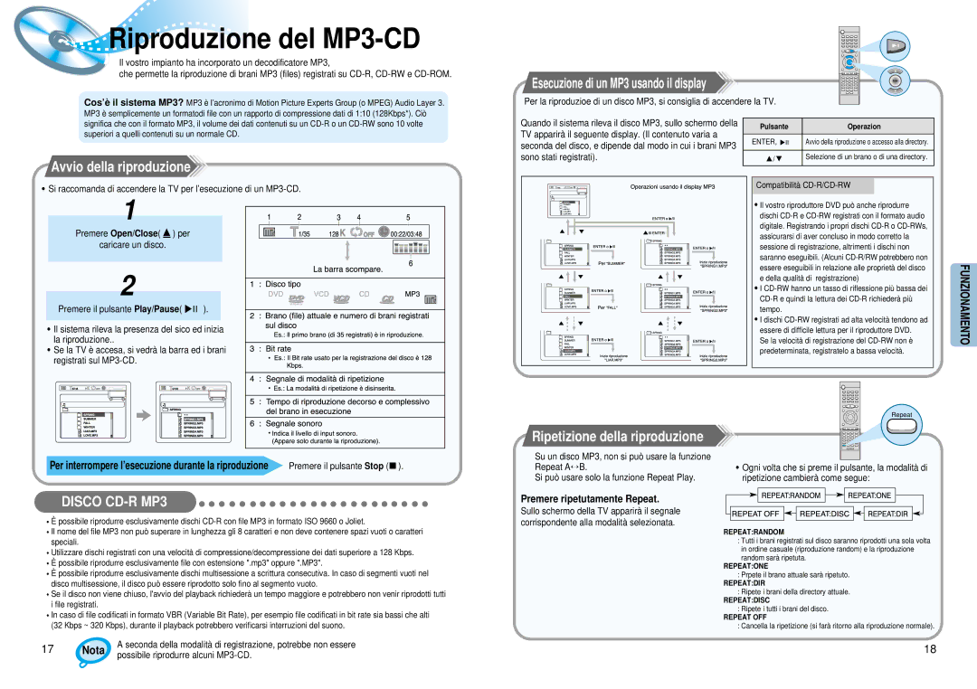 Samsung HT-DM150, HTDM150RH/EDC Riproduzione del MP3-CD, Avvio della riproduzione, Ripetizione della riproduzione, Nota 