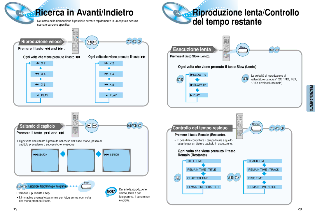 Samsung HTDM150RH/EDC Ricerca in Avanti/Indietro, Riproduzione veloce, Saltando di capitolo, Controllo del tempo residuo 