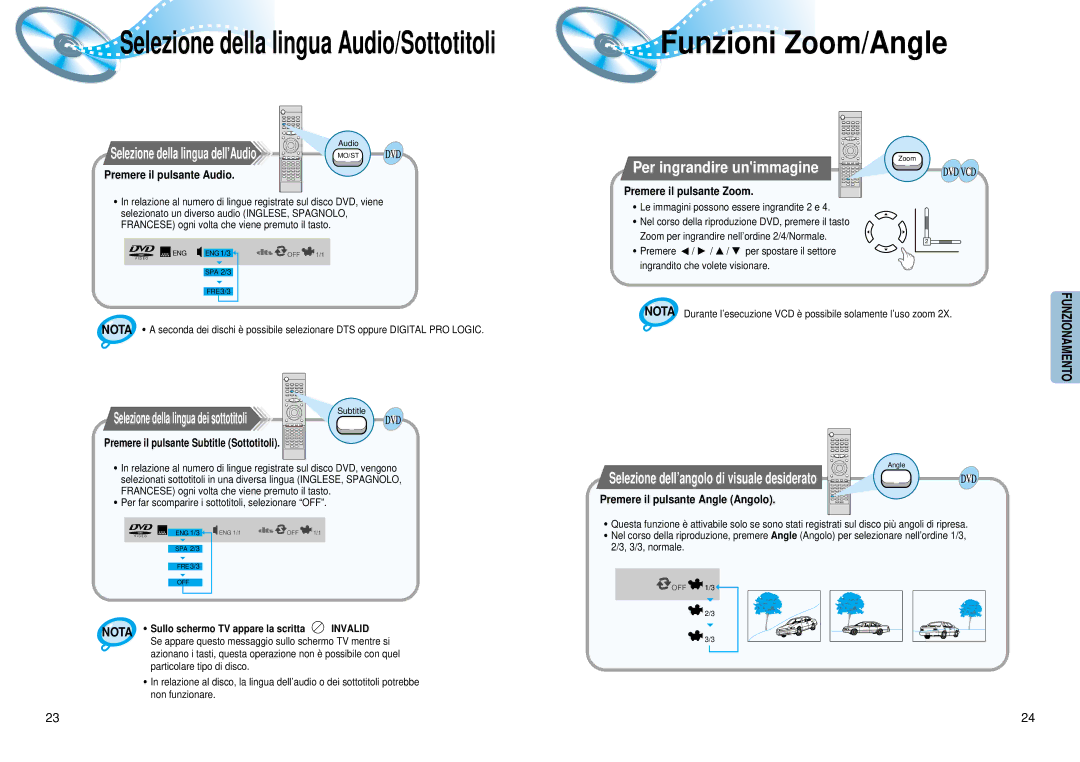 Samsung HTDM150RH/EDC manual Funzioni Zoom/Angle, Per ingrandire unimmagine, Selezione dell’angolo di visuale desiderato 